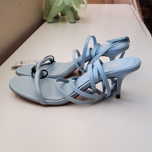 ZARA WRAP STRAP LEATHER SANDALS in LIGHT BLUE size 7.5-8 US - Picture 5 of 8